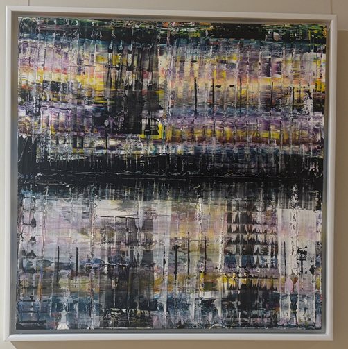 A large framed square painting in black, cream and violet