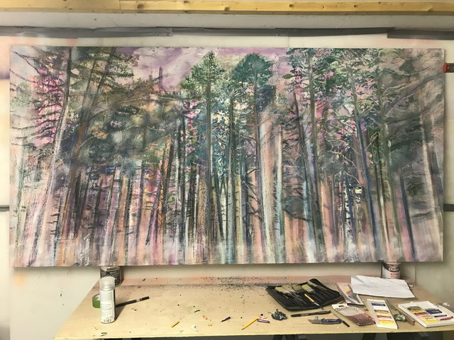 Woodland painting in progress: scraped pink and white underlayer