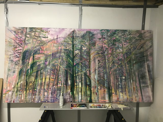 Woodland painting in progress: canopy building