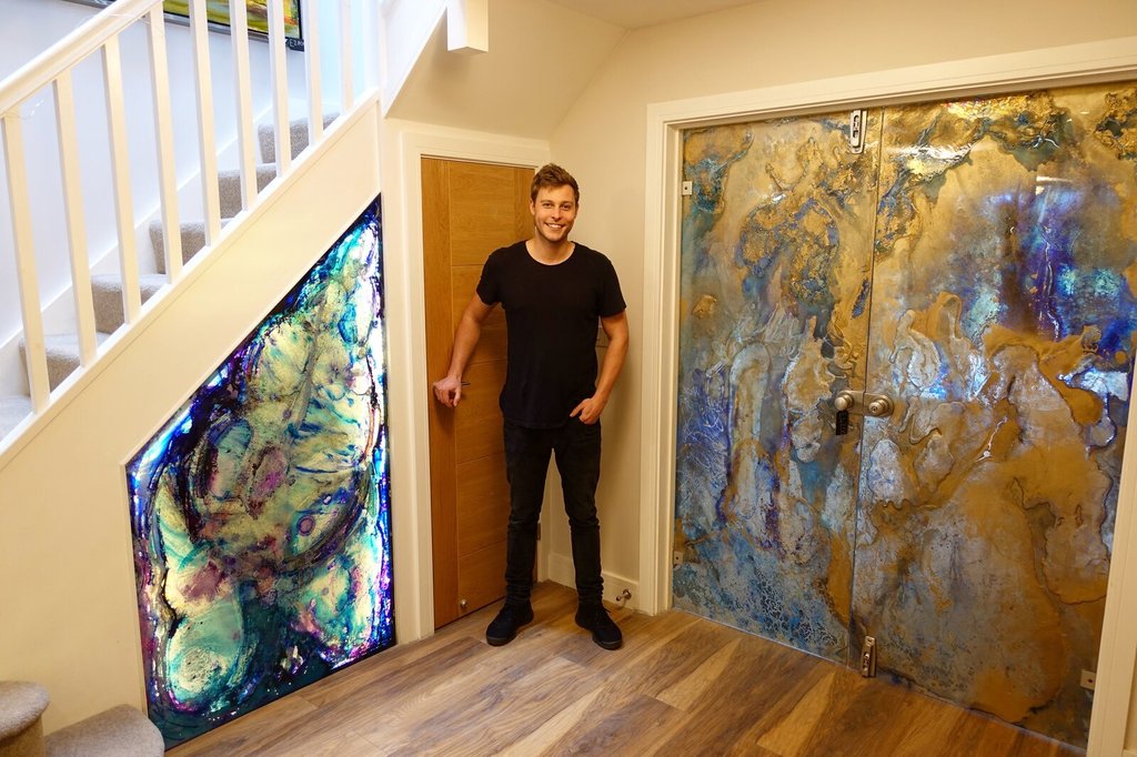 Painted glass double doors in gold and indigo marbling